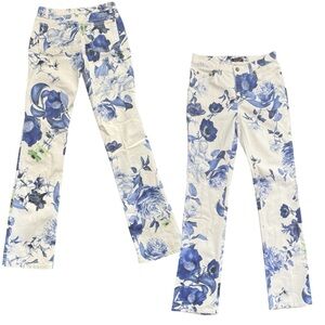 NWT Roberto Cavalli White Venetian Blue Toile Floral Denim Designer Jeans 42 6